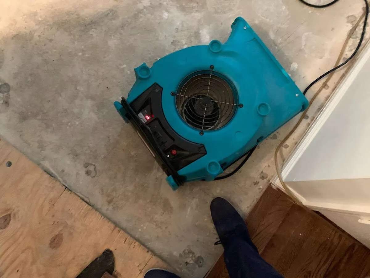 Air mover drying subfloor during Leak Detection & Repair in Ojai